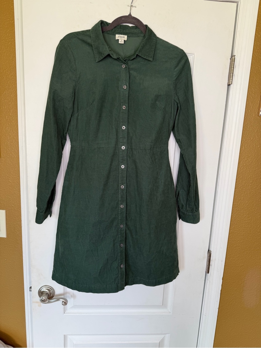 J. Crew Long Sleeve Dark Green Corduroy Button-Down Mini Shirt Dress. Size 4